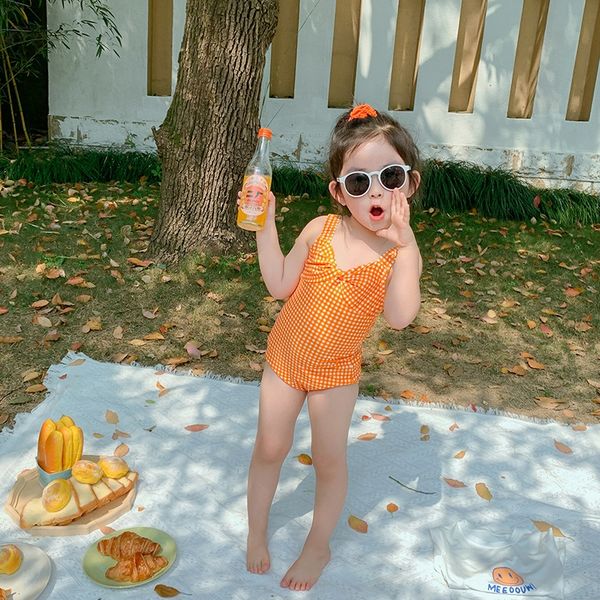 

2020 han fan children's girl's plaid bow butterfly baby's one-piece swimsuit small and middle children's princess swimsu, White;black
