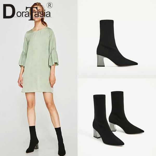 

doratasia new fashion ins pointed toe ladies high chunky heels sock boots women party boots black ankle shoes woman