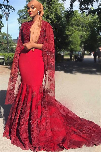 

Red Lace Evening Dresses Mermaid With Cape Half Sleeves Arabic African Party Gowns Custom Made Formal Prom Dresses