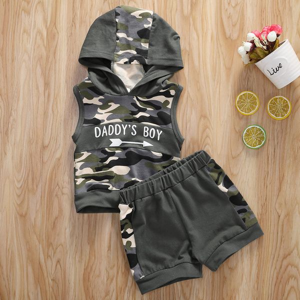 

summer newborn toddler baby boys sleeveless camouflage letter printed hooded +shorts clothes outfits set, White