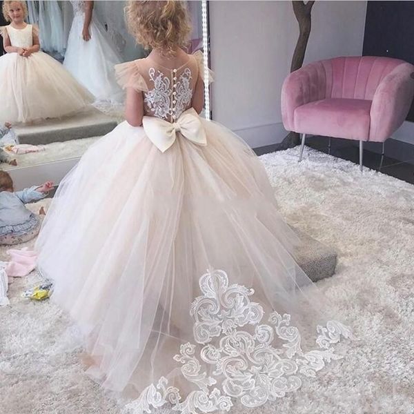 

2020 new princess flower girls dresses weddings jewel tulle lace appliques button back with big bow birthday children girl pageant gowns, White;blue