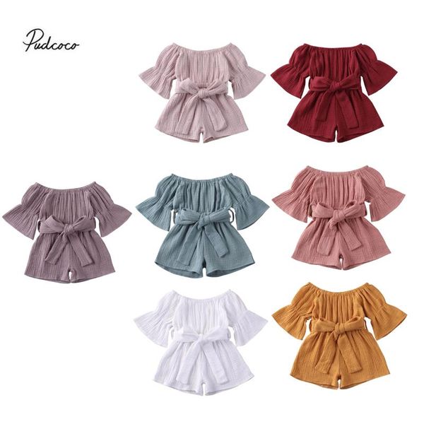 

2020 baby summer clothing baby girl fashion solid off-shoulder jumpsuit toddler trumpet sleeve waist bandage jumpsuits shorts, Blue