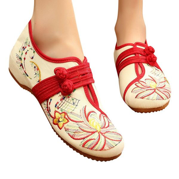 

flowers embroidered women's cotton old beijing flats vintage ladies casual breathable bridal shoes with double buckles, Black