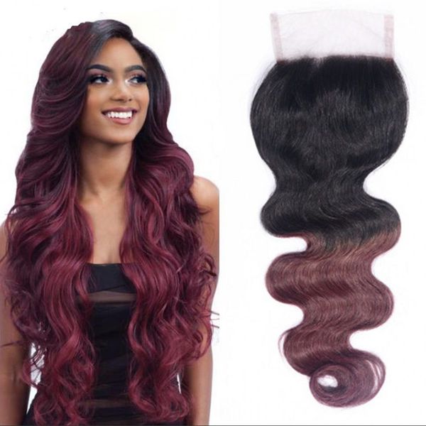 

brazilian human hair lace closure 1b 99j body wave closures swiss lace burgundy ombre color part closure, Black;brown