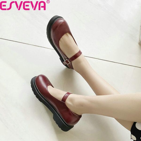 

esveva 2020 pu leather platform concise women pumps round toe buckle square low heel shallow women single shoes big size 34-43, Black