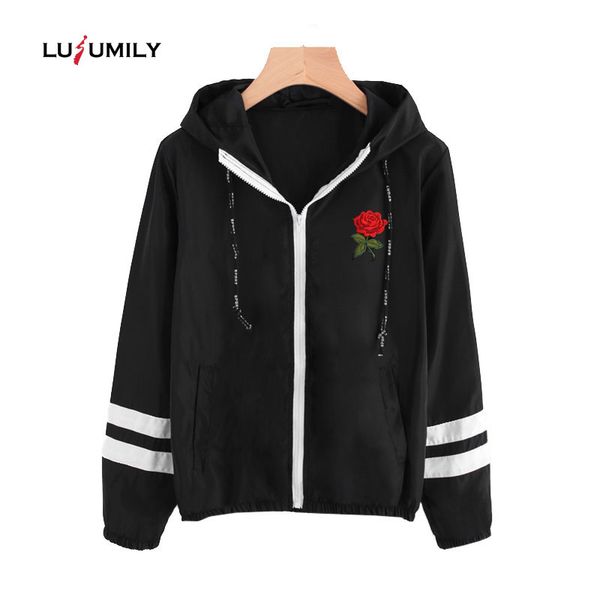 

lusumily varsity-striped zip up hooded women jacket coat women clothes zipper windbreaker black embroidery short basic jackets, Black;brown
