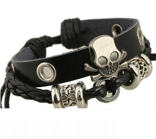 

мода шарм браслеты ручной работы череп шарм для мужчин многослойные бесконечность сплава бусины широкий черный кожаный браслеты ювелирные из, Black