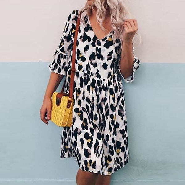 

womens plus size summer dress v-neck leopard print middle sleeve party dresses summer beach dress 2019 vestidos de verano new, Black;gray