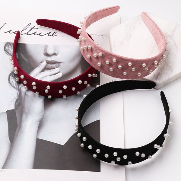 

jujia 2019 fashion simulated pearls beaded hair clips for women bohemian flocking material headbands cute women hair hoops, Golden;white