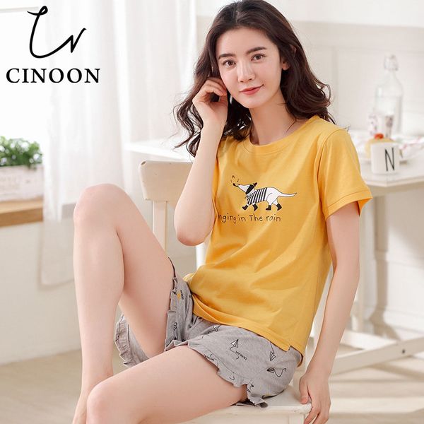 

cinoon round neck print cartoon and shorts pajama set new woman short sleeve casual pajama set fashion homewear sleepwear, Blue;gray
