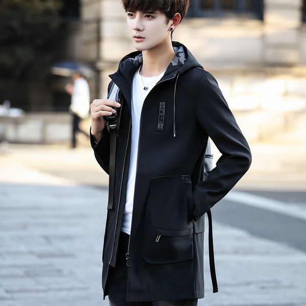 

autumn long trench coat young men brand-clothing casual hooded mens overcoat quality windbreaker male jacket coat black green, Tan;black