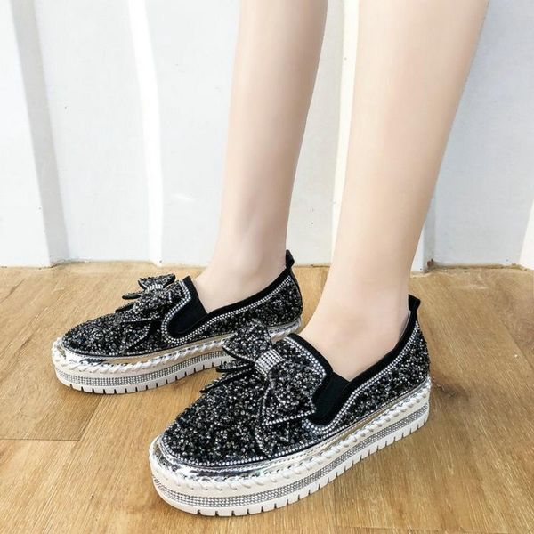 

new brand women's platform sequin shoes slip on butterfly-knot bling bling girl fashion shallow casual shoes b62-94 hf, Black