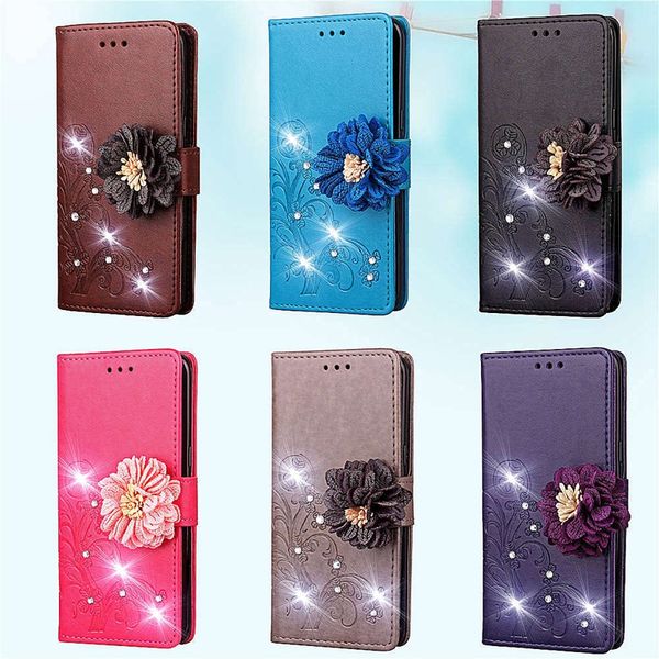 

3D Flower Leather Wallet Case For Iphone XS MAX XR X 8 7 6 Galaxy S10 Note9 S9 S8 Bling Diamond Lucky Clover Flip Cover Luxury Phone Pouch