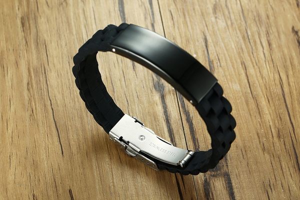 

personalized black rubber medical tag idbracelet stainless steel custom diabetes diy adjustable silicone wrists men kids chidren, Golden;silver
