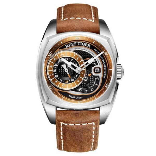 

wrist watch for men,mens automatic watches reef tiger sport clock man mechanical wristwatch waterproof relogio masculino, Slivery;brown