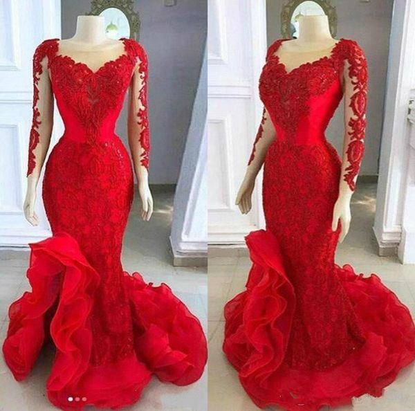 

2020 красный русалка пром платья с длинным рукавом кружева аппликация split beads вечерние платья платье де фиеста формальное платье партии, Black