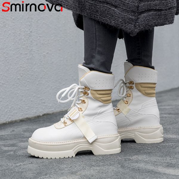 

smirnova 2020 lace up autumn winter boots round toe comfortable women genuine leather boots platform ankle for women, Black