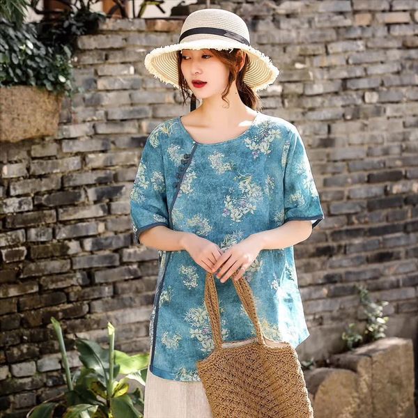 

qi hui draws summer style of 2020 chinese style printing short-sleeved casual loose artistic half sleeve female, White