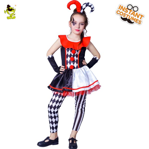 

new evil jester costumes girls scary clown killer role play outfit children party masquerade halloween party scary clown suit, Black;red