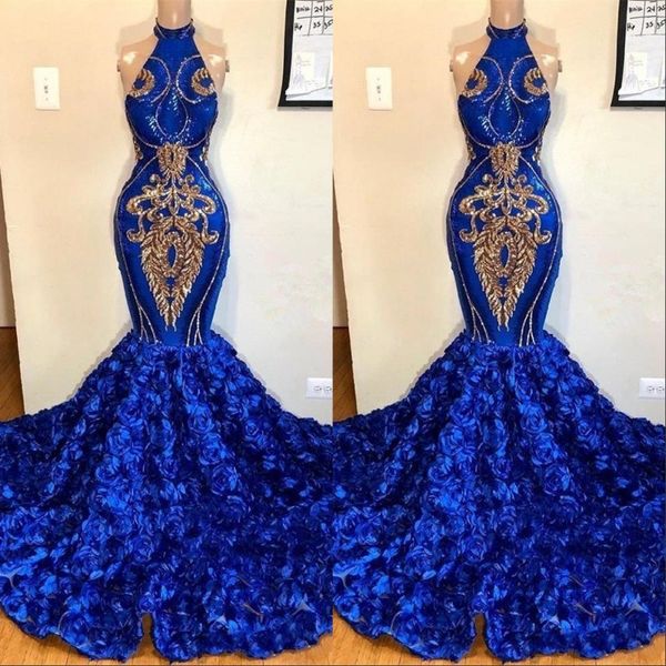 

royal blue русалка пром платья 2019 розы цветы юбки длинный часовня поезд холтер африканские вечерние платья золотые бусы аппликация формаль, Black
