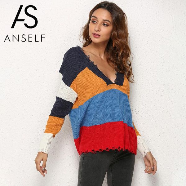 

boho striped sweater women pullovers multi color block deep v neck long sleeve tassel loose knitwear female jumper christmas top, White;black
