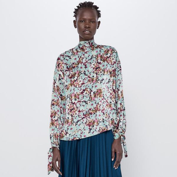 

agong bow blouses women fashion loose floral printed shirts women elegant prairie chic long sleeve female ladies jad, White