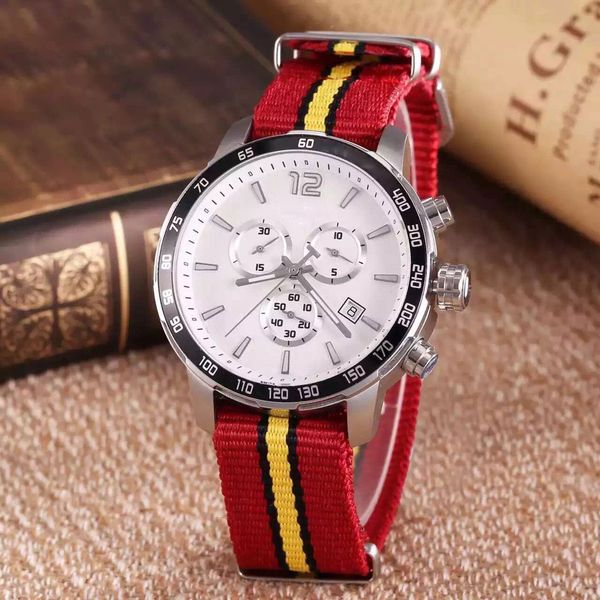 

wholesale t095 round tachymeter chronograph quartz japan red fabric strap nato nylon men watch wristwatches mens watches, Slivery;brown