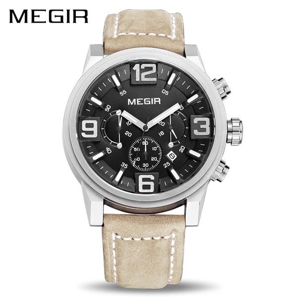 

megir sport watch men quartz watches fashion causal big dial clock chronograph leather soldier wrist watch 3010, Slivery;brown