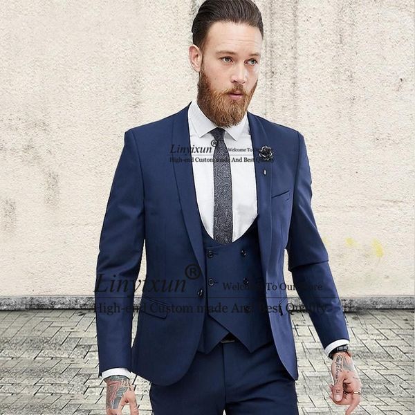 

new arrival groomsmen navy blue groom tuxedos shawl lapel men suits wedding man bridegroom (jacket + pants + vest, White;black