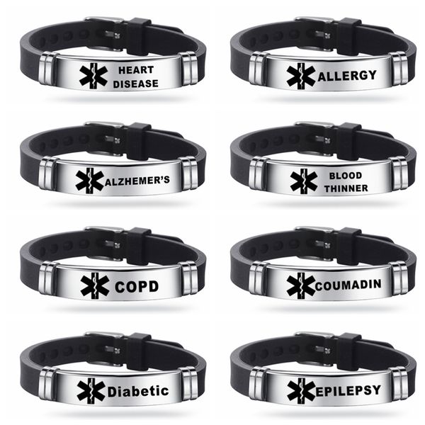 

stainless steel engravable bracelet medical alert id bracelets diabetes epilepsy alzheimer's allergy women men silicone bracelet wholes, Golden;silver