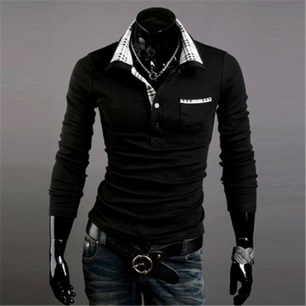 

autumn 2020 new men's long sleeved slim neck lapel shirt size:,m~2xl, White;black