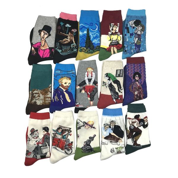 

combed cotton colorful gogh retro oil painting wzfy men socks cool casual dress funny party dress crew long socks meias, Black