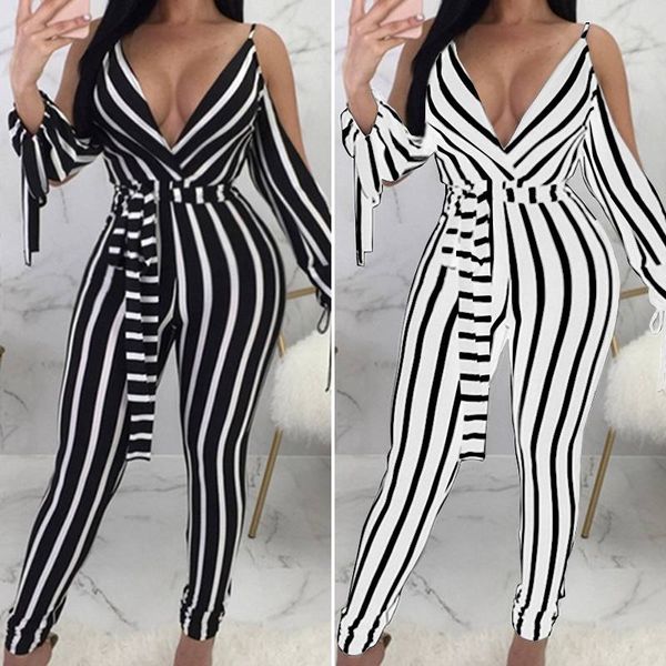 

women's jumpsuits & rompers plus size deep v neck overalls striped 2021 zanzea casual backless summer pants off shoulder 5xl, Black;white