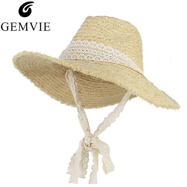 

gemvie vintage floppy brim sun hat for women straw hat fluffy large brim raffia woven jazz cap fedoras with long band beach, Blue;gray