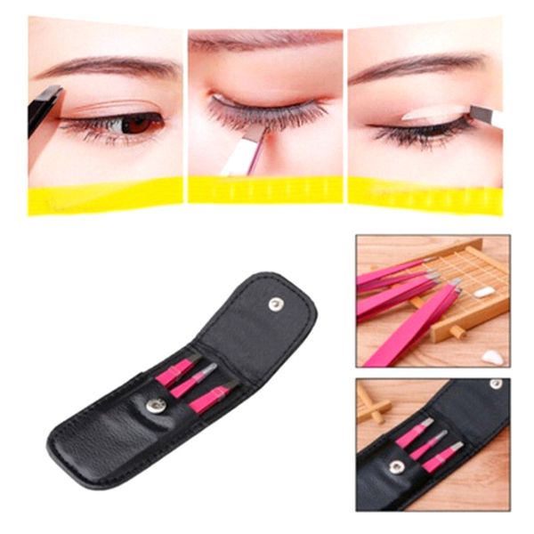 

3 pcs stainless steel pro eyebrow tweezers set with pouch for men women cun 668
