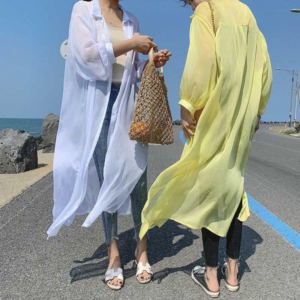 

2020 summer women's chiffon cardigan sun loose lapel long sleeve shirt candy color beach blouse, White