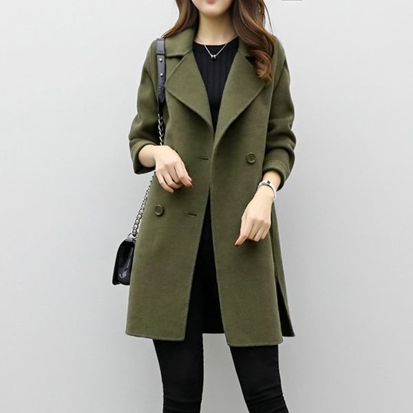 

women's mid-length double-breasted woolen coat autumn and winter jacket casual outwear simple fashion cardigan slim overcoat, Black