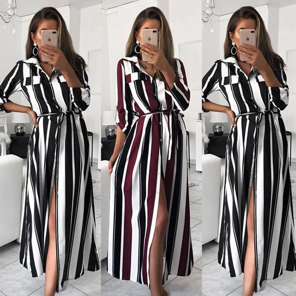 

stripe maxi dress 2019 office lady turn-down collar button long shirt dress women autumn summer long sleeve plus size, Black;gray