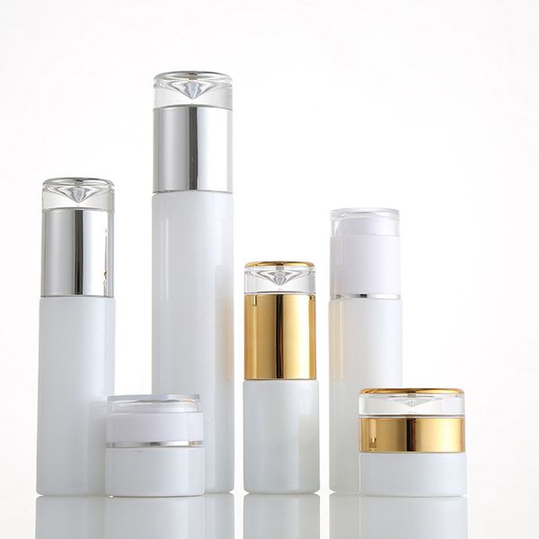 

white glass cosmetic jars lotion pump bottle atomizer spray bottles with acrylic drop lids 20g 30g 50g 20ml - 120ml