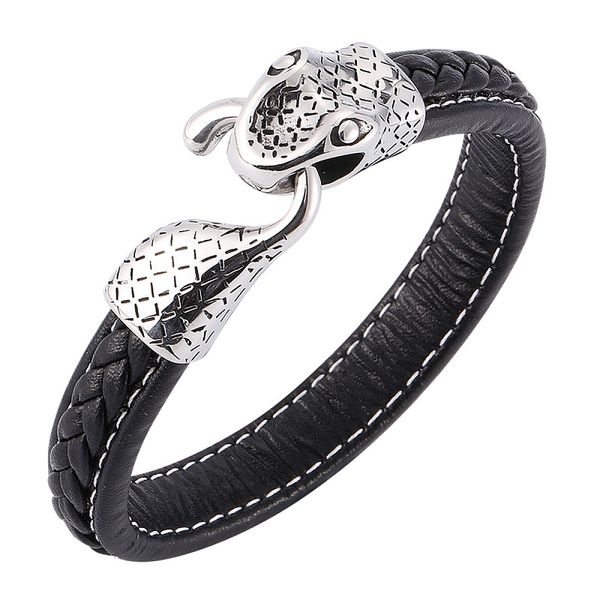 

punk men jewelry black/brown braided leather bracelet snake shape stainless steel clasp male bangles wrist band gifts s0192, Golden;silver