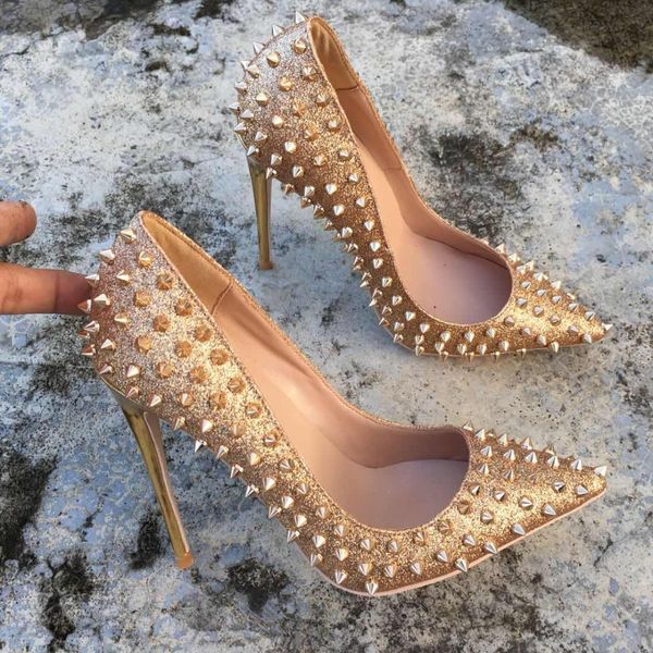 

2019 women fashion wedding lady gold spikes glitter leather poined toes high heeled heels shoes stiletto shoes pump 12cm 10cm