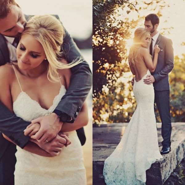 

backless boho mermaid wedding dresses silhouette straps full lace bohemian wedding dress trumpet fall country reception gown 2019, White
