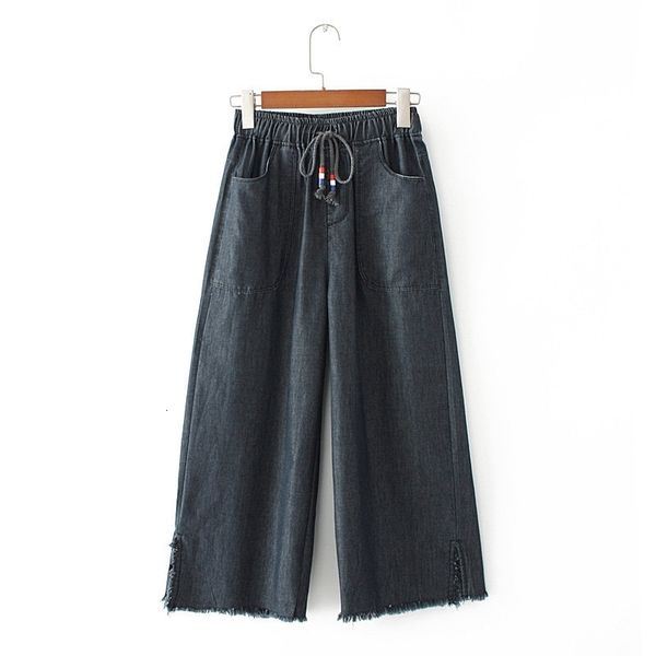 

plus size women oversized jeans midi taille broek wipe pipes cropped broek, Blue