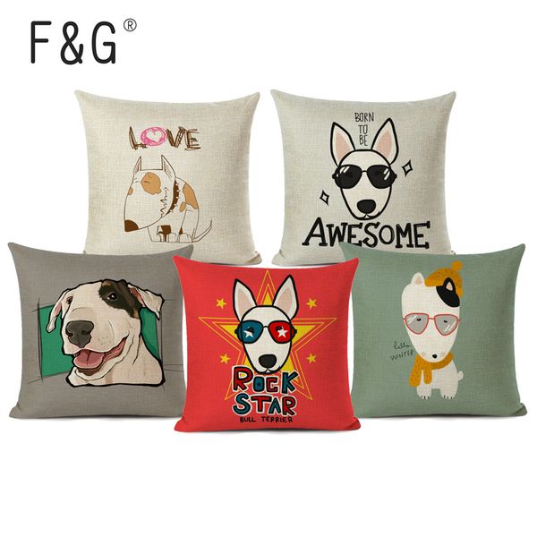 

funny bull terrier decorative cushion cover cute dog printed linen pillows cover car sofa pillowcase home decor throw pillows
