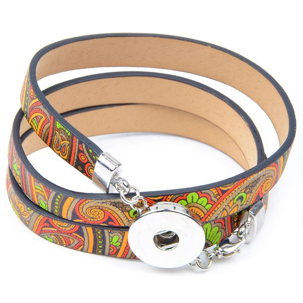 

chanfar colorful pattern snap button leather bracelet wrap lobster clasp bracelet for diy 18mm buttons jewelry, Golden;silver