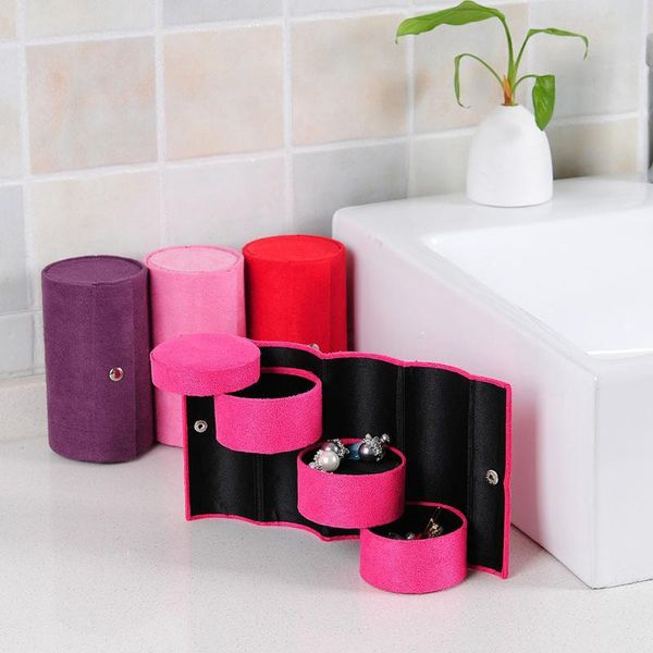 

retro cylinder shaped three-layer mini flannel roll-up jewelry ring storage box 3 tier compartment mini flannel travel home