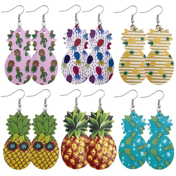 

6styles pu leather earrings creative fruit pineapple shape earring double-sided printing leather ear hook eardrop women jewelry gifts, Silver