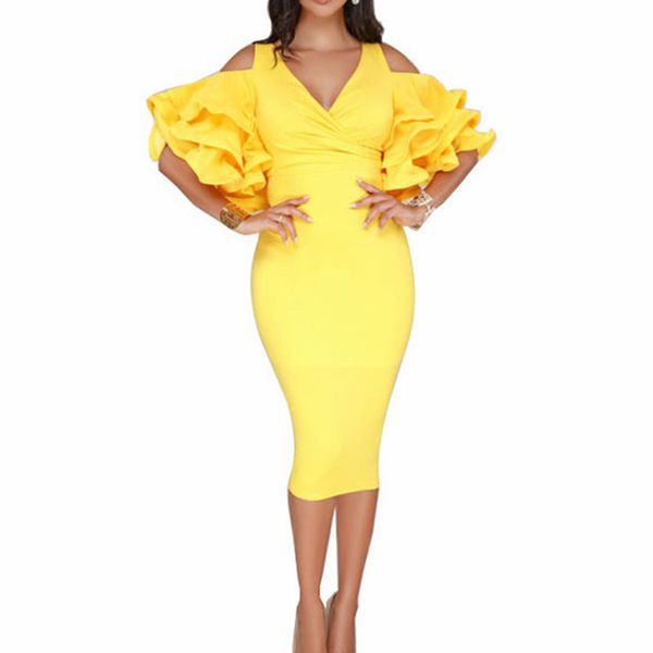 

black yellow red elegant dress women hip wrap v neck half sleeve ruffle dress party club bodycon midi pencil vestidos, Black;gray