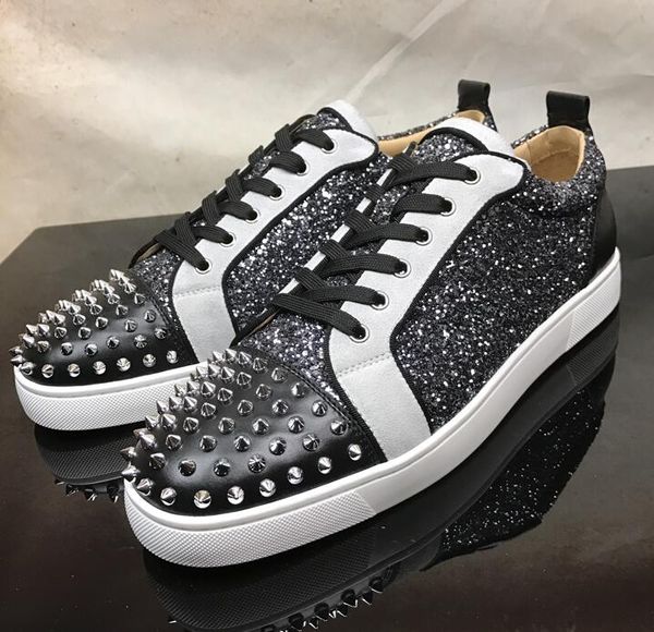 

2019 luxury new good quality leather silver crystal red bottom shoes fashion rivets spikes studded sneakers for men low flat shoes, Black