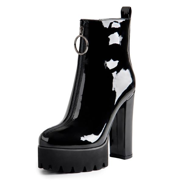 

Onlymaker Women's Comfy Elastic Platform Boots Round Toe Chunky High Heel Pull on Ankle Booties Patent leather boots